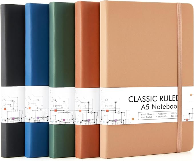 feela Journal Notebook Bulk for School, Hardcover Business Classic Ruled Lined Journals with Pen Holder for Work Office Journaling, with 5 Black Pens, 120 GSM, 5.1”x8.3”, 5 Pack, A5, Vintage Colors-DeskLoop Office