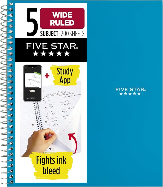 Five Star Spiral Notebook + Study App, 5 Subject, Wide Ruled Paper, 200 Sheets by FiveStar