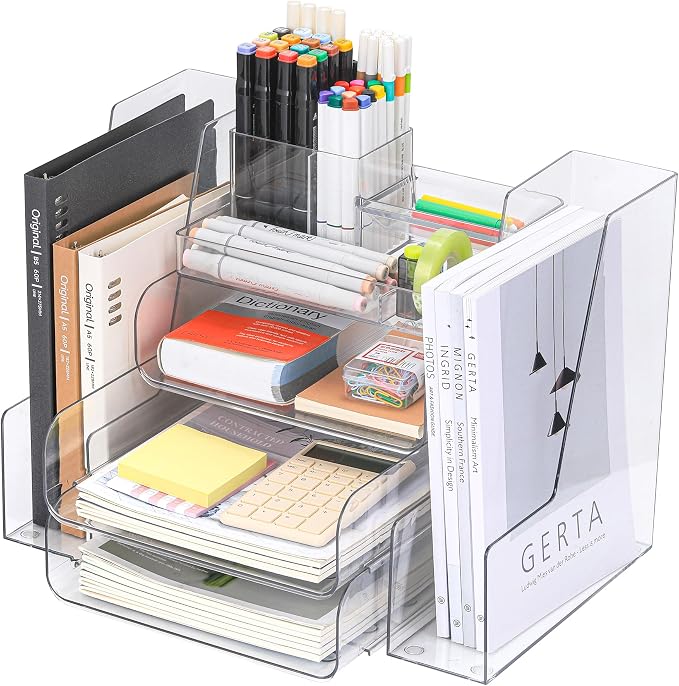 CiWiVOKi Desk Organizer with 2 Vertical File Holder, 4 Tier Stackable Paper - Image 8