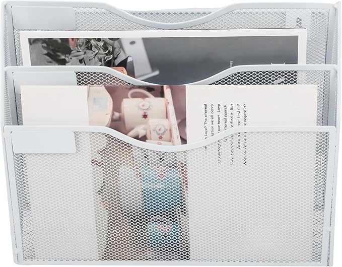 EASEPRES 3 Pocket Mesh Hanging Wall File Organizer, Wall Mounted Mail Paper Document Folder Holder, Clipboard Storage Organization Magazine Rack with Nametag Label for Office Home School, White-DeskLoop Office