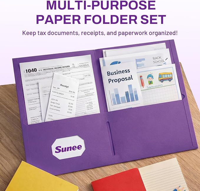 SUNEE Folders with Pockets, 2 Pocket Folders Fit Letter Size Paper, Paper File - Image 2