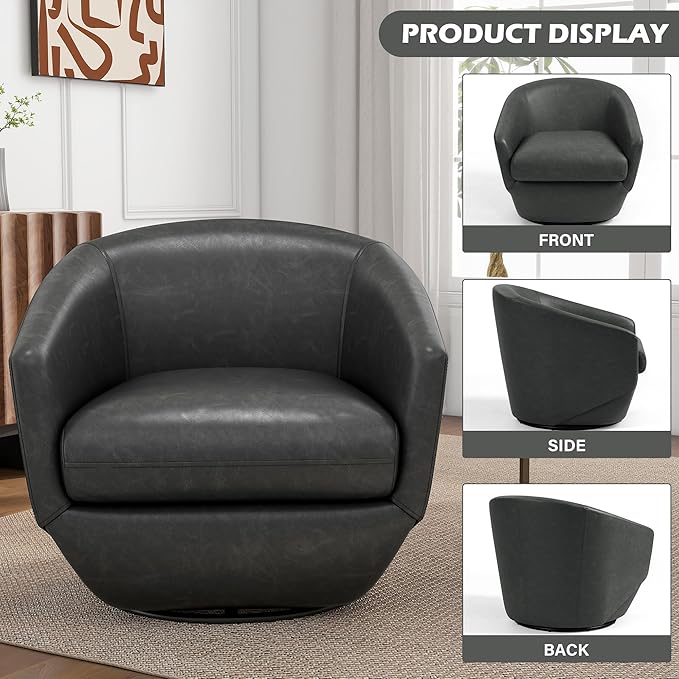 UIXE 360° Swivel Barrel Accent Chair, PU Leather Upholstered Club Armchair for Living Room, Modern Round Arm Chair Single Sofa Bedroom Reading Seating (Black)-DeskLoop Office