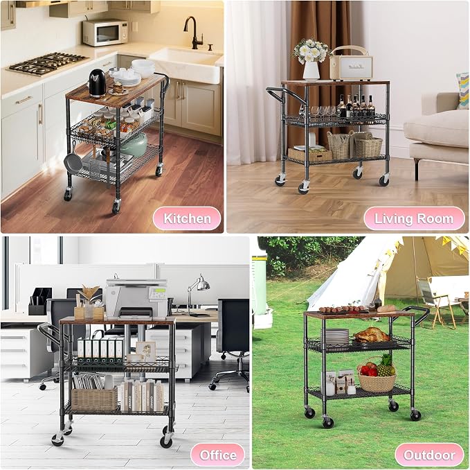 WDT 3 Tier Rolling Carts with Wheels, Heavy Duty Rolling Utility Cart with Wood - Image 8