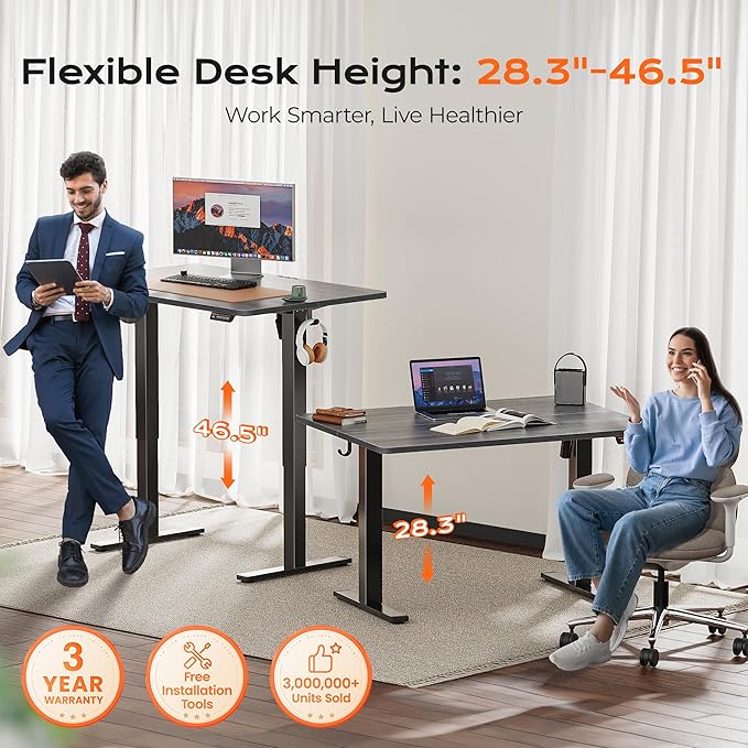 Huuger 48 x 28 Large Electric Standing Desk, Height Adjustable Desk, 27.6" Deep Desktop, Stand up Gaming, 2 Hooks, 3 Preset Heights, for Home Office, Grey-DeskLoop Office