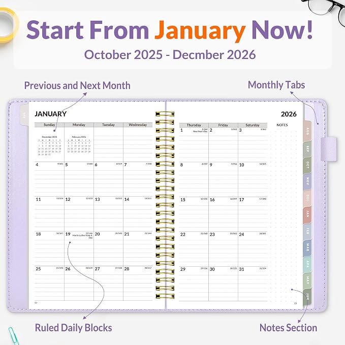 SUNEE 2026 Weekly & Monthly Planner 6.4"x8.5"- 12 Month, Vegan Leather Cover - Image 2