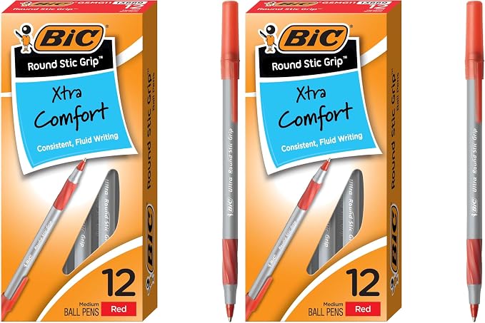BIC Round Stic Grip Xtra Comfort Red Ballpoint Pens, Medium Point, Excellent by BIC