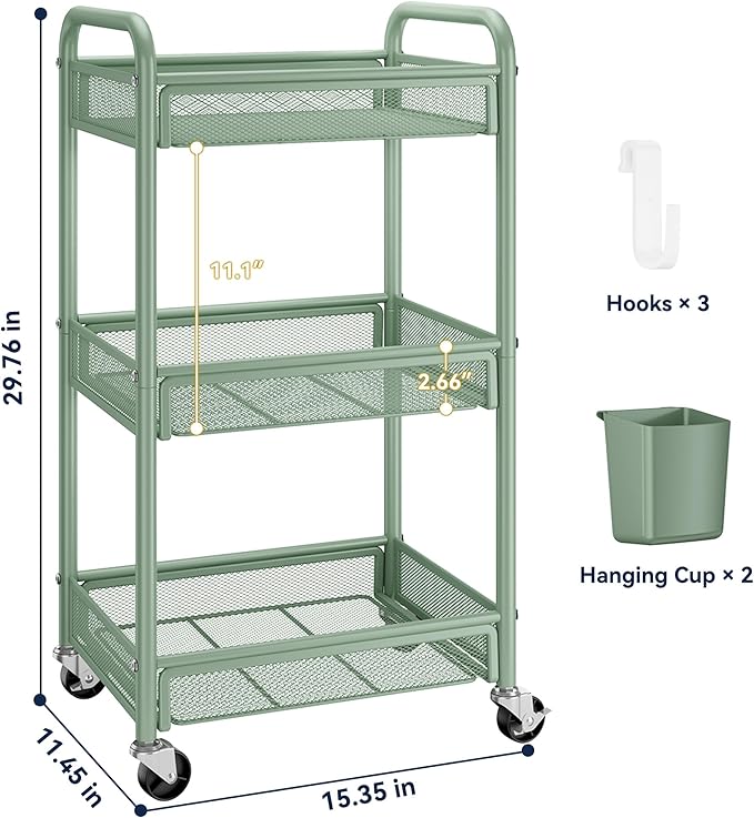 YASONIC 3 Tier Rolling Cart – Metal Utility Storage Carts - Image 6