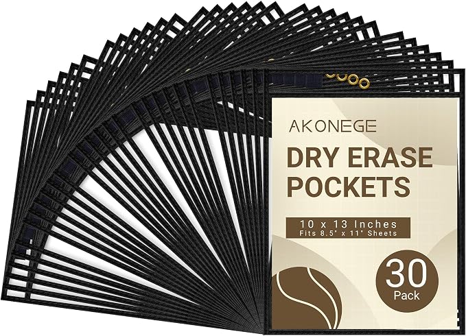 AKONEGE 30 Pack Oversized Dry Erase Pocket Sleeves Reusable 10 x 13 Inches by AKONEGE