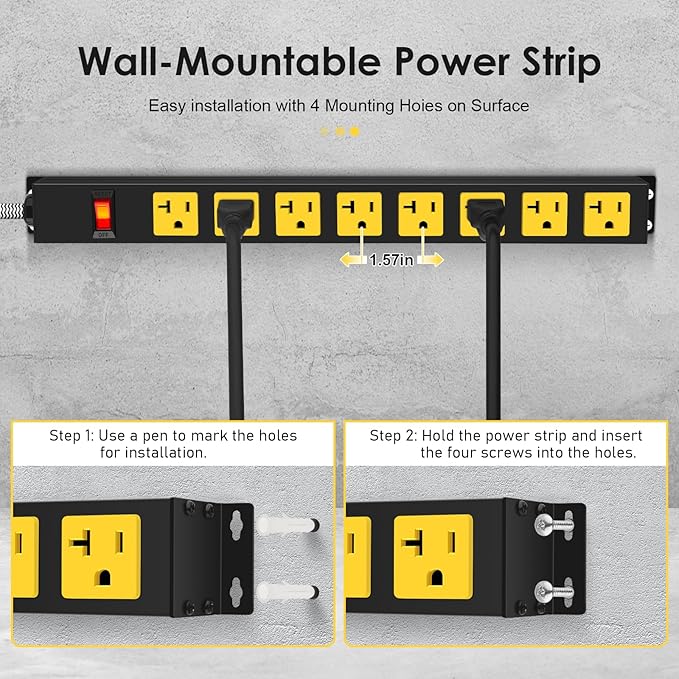 20Amp Power Strip Surge Protector, Long Metal 8-Outlets with Heavy Duty 20 amp 6Ft 12 Gauge Extension Cord for Garage Workshop & Industrial Use, 1200J-DeskLoop Office