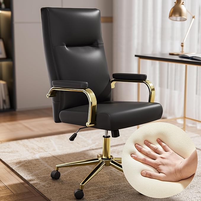 Black and Gold Office Chair Memory Foam, High Back Office Chair with Arms and Wheels, Leather Executive Computer Desk Chair with Back Support for Women Girls and Adults-DeskLoop Office