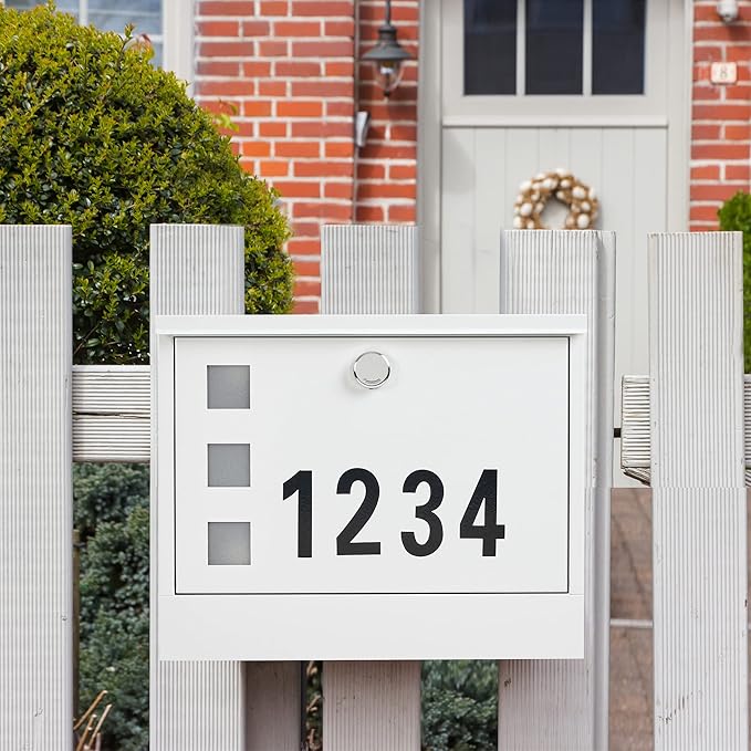 LAND·VOI Locking Mailbox Wall Mounted, Metal Postbox with Three Sets of Mail Box Number Stickers, 4 Keys, 14.4" x 4.5" x 11.2", Large Capacity, Textured White, AMB11W-DeskLoop Office