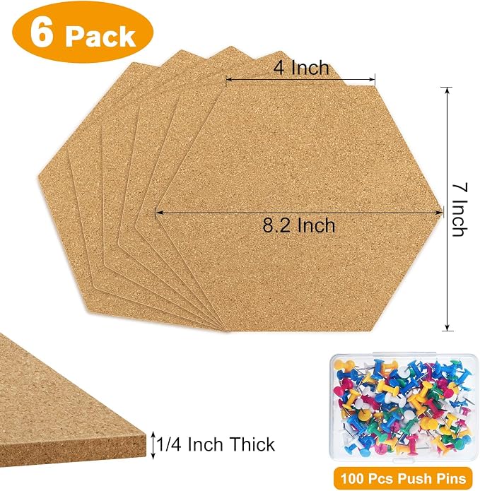 TUPARKA 6 Pack Cork Board Hexagon Bulletin Boards Cork Tiles 8.2"x7" - Image 2
