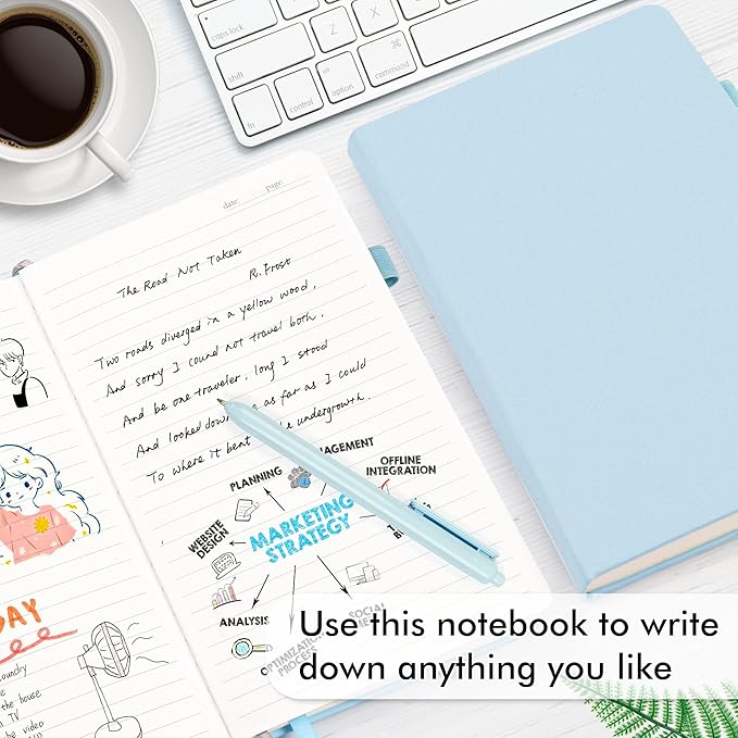 feela 12 Pack Notebooks Journals Bulk, Hardcover Notebook Classic Ruled Lined Journals with Pen Holder for Women Girls School Business Supplies, with 12 Black Pens, 120 GSM, 5.1”x8.3”, A5, Light Blue-DeskLoop Office