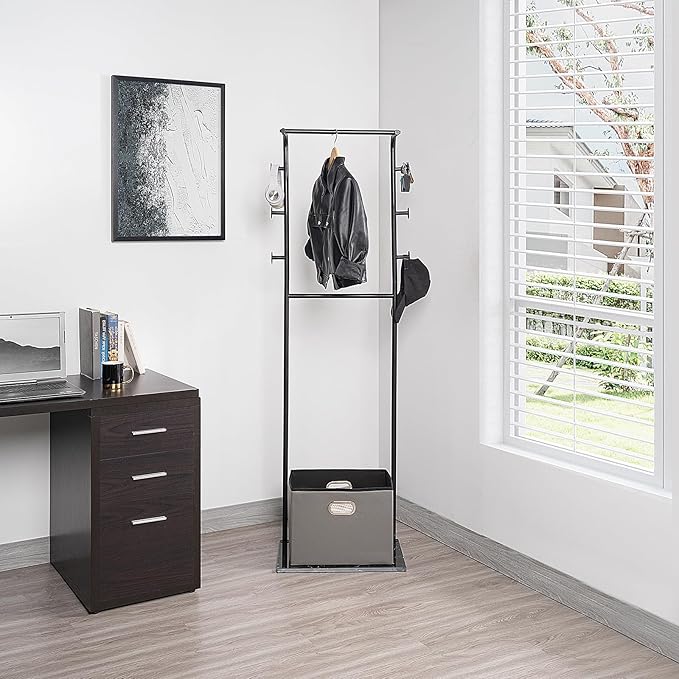 Heavy Duty Coat Rack with Storage Basket Metal Hanging Clothes Rack with Marble Base Modern Standing Clothing Rack for Entryway Bedroom Living Room Hotel 19.69 x 13.39 x 67.72 Inches (Black)-DeskLoop Office