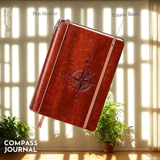 SETTINI® Lined Journal - Compass Journal for Writing Gift Set - Hardcover Vegan Leather, Includes Luxury Pen in a Unique Pen Holder, 192 Pages, 6 x 8.5 inches, Birthday Gift-DeskLoop Office