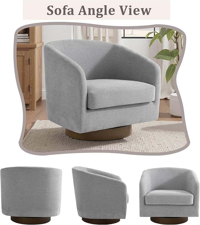 UIXE Swivel Accent Chair with Wood Base, Chenille Upholstered Barrel Chairs for Living Room, Comfy Round Armchair Single Sofa Bedroom Reading Seat - 31" W, Light Gray-DeskLoop Office
