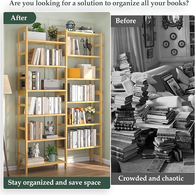 Homykic Double Wide Bamboo Bookshelf, 6-Tier Large Open Bookcase with 12 Display Shelves, 6ft Tall Freestanding Book Shelf for Home Office, Bedroom, Living Room, Plants, Natural-DeskLoop Office