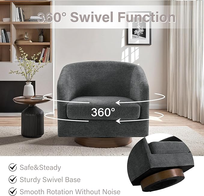 UIXE Swivel Accent Chair with Wood Base, Chenille Upholstered Barrel Chairs for Living Room, Comfy Round Armchair Single Sofa Bedroom Reading Seat - 31" W, Gray-DeskLoop Office