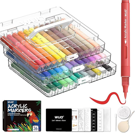 WUO 36 Colors Acrylic Paint Markers (2 Metallic), Automatic Ink Control Brush Tip for Multi-Surface Acrylic Paint Pens for Rock Painting, Wood, Canvas, Glass, DIY Art-DeskLoop Office