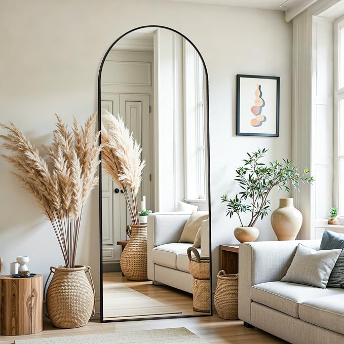 Full Length Mirror, 71"x26" Oversized Floor Mirror Freestanding, Full Body Mirror Floor Standing Mirrors with Stand, Hanging Mounted Mirrors for Bedroom Living Room, Black, Arched Style-DeskLoop Office