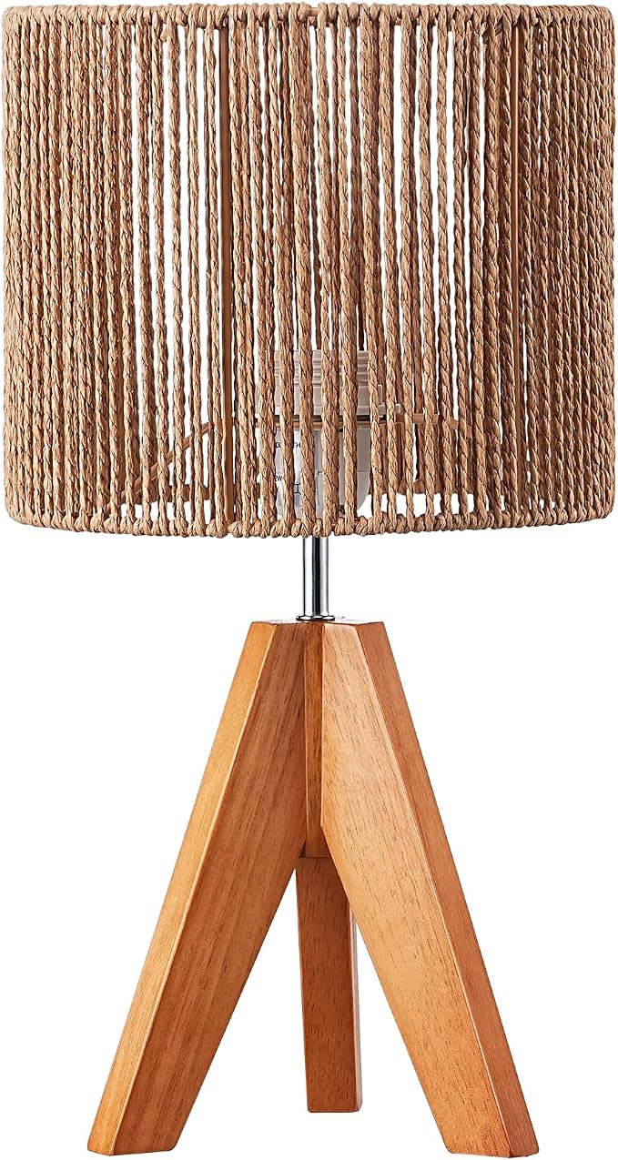 EDISHINE Small Rattan Table Lamp, Wood Tripod Bedside Lamp, Boho Nightstand Lamp - Image 8