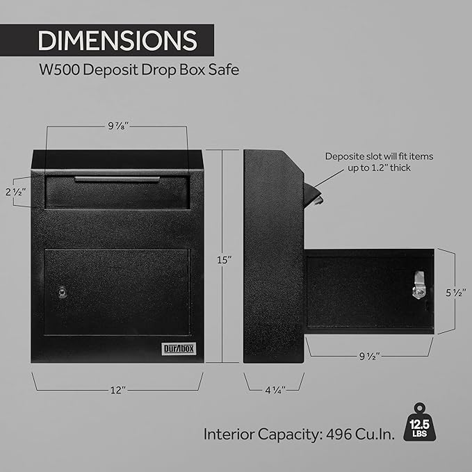 Drop Box Deposit Safe 12 x 4 x 15” Heavy Duty Steel Wall Mount Mailbox for Mail, Letters, Checks, Keys, Cash and more for Home, Office & Commercial Use (W500) (Black)-DeskLoop Office