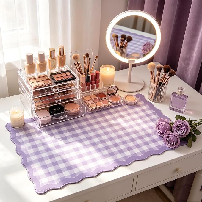 yuboo Scalloped Purple White Gingham Desk Mat, Grid Checkered Desktop Pad - Image 8
