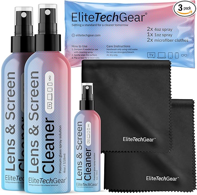 Elite Tech Gear Optical, Screen & Lens Care Kit - 3pc Spray (2x4oz+1oz) with 2 Microfiber Cloths - Alcohol-Free Eyewear Solution - 5pc Glasses Cleaner-DeskLoop Office