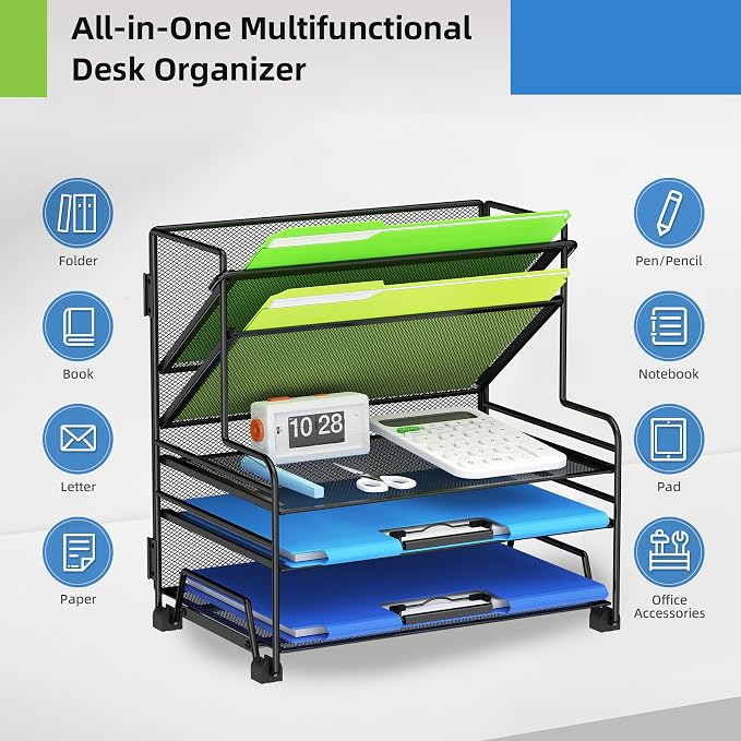 MINDEPOT 4-Tier Paper Organizer + 3-Pocket File Holder, Desktop File Organizers - Image 4