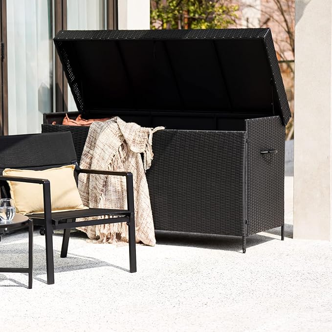 Grand patio 170 Gallon Deck Storage Box Deck Box Outdoor Storage Box Indoor Wicker Storage Bin Patio Storage Box for Patio Furniture Cushions Garden Tools Pool Accessories, Black-DeskLoop Office