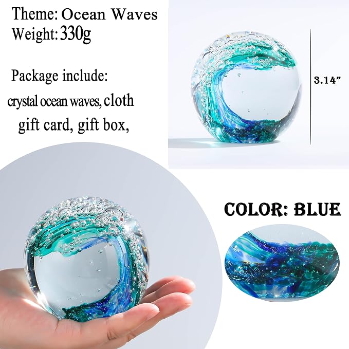Qianwei Ocean Waves Hand Blown Glass Decor Crystal Ball Sea Figurines Gifts | - Image 2