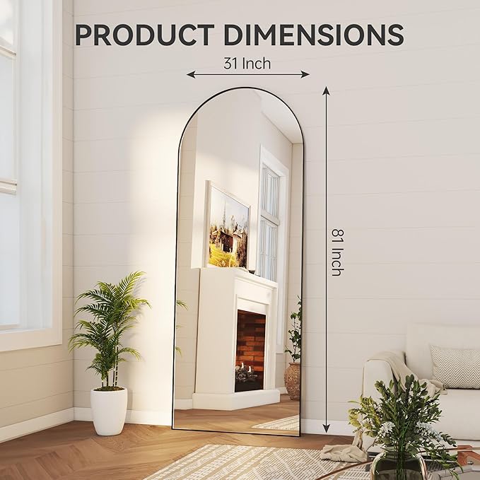 Hasipu Extra Large Arched Rectangular Full Length Wall Mirror, 81"L x 32"W, Black Aluminum Frame, Tempered Glass, Leaning/Wall Mount, Modern Style for Bedroom/Living Room-DeskLoop Office