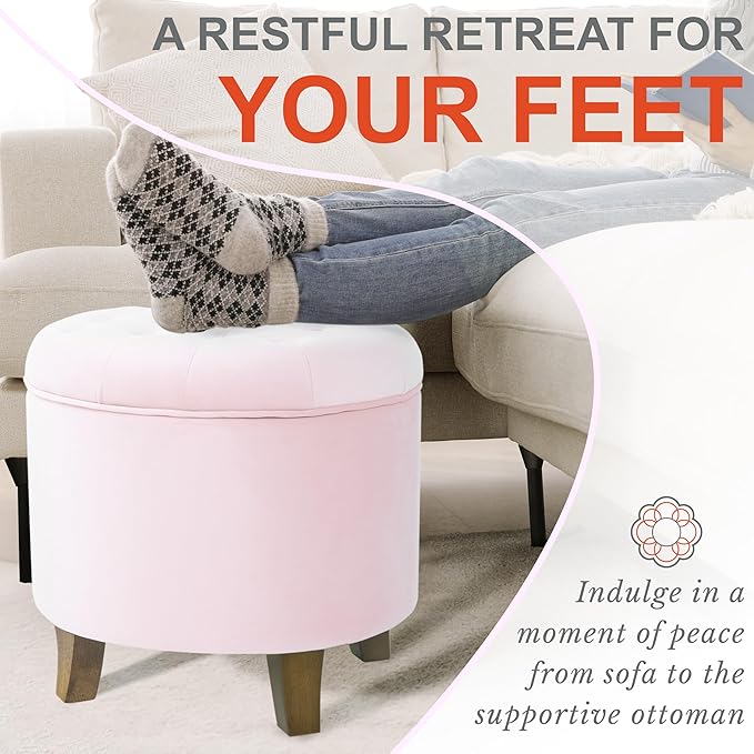 HomePop by Kinfine Fabric Upholstered Round Storage Ottoman - Velvet Button Tufted Ottoman with Removable Lid, Pink, Small-DeskLoop Office