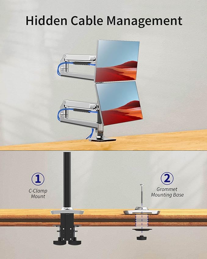 Dual Monitor Mount, Holds Screens up to 40 Inches and 25 lbs, Fully Adjustable Dual Monitor Arm with C-Clamp and Grommet Base, Aluminum, Silver-DeskLoop Office