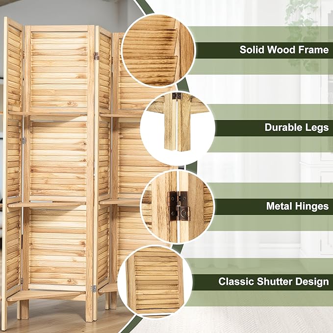 NicBex 4 Panel Room Divider,5.6FT Wood Carved Room Dividers with Display Shelves Folding Privacy Screens Portable Freestanding Partition Wall Dividers for Room Separation, Bedroom Office,Natural Wood-DeskLoop Office