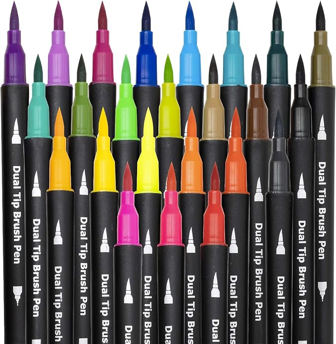 Dual Brush Marker Pens,24 Colored Markers,Fine Point and Brush Tip for Kids Adult Coloring Books Bullet Journals Planners,Note Taking Coloring Writing-DeskLoop Office