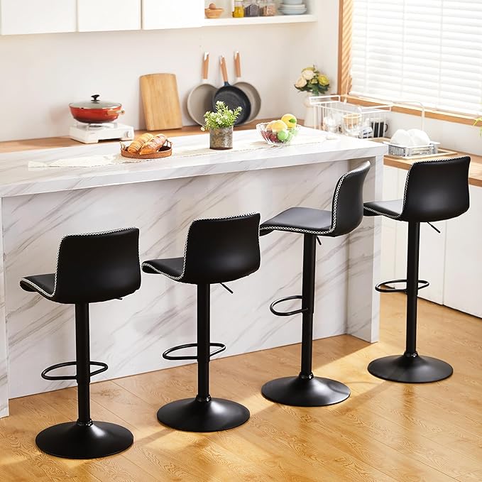 HeuGah Bar Stools Set of 3, Swivel Counter Height Barstools with Back, Adjustable Height 24" to 32", Black Faux Leather Bar Chairs for Kitchen Island (Black, Set of 3 (24'' to 32''))-DeskLoop Office