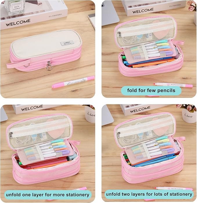 Big Pencil Case Zipper Pencil Pouch Organizer Large Capacity Pen Bag with Handle Portable for Girls Kids Adults Gift Pen Case for School Home Office Light-pink-DeskLoop Office