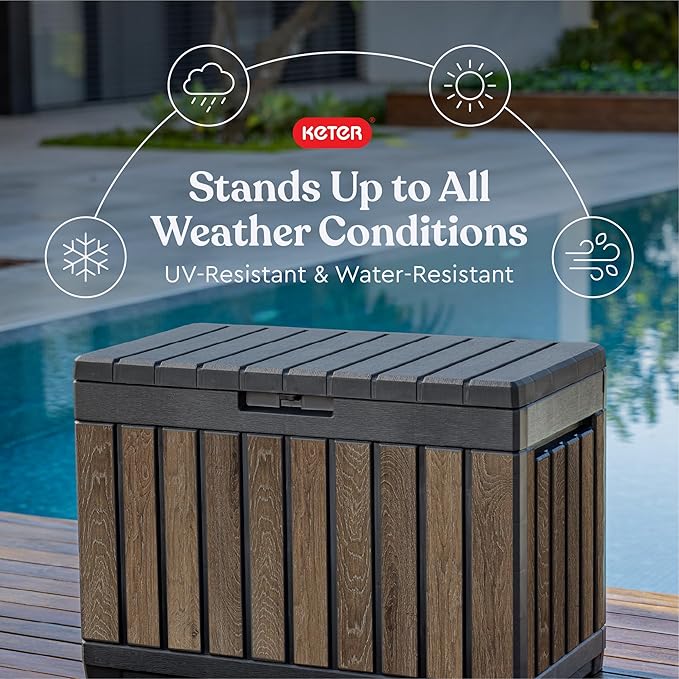 Keter Signature Everwood 50 Gallon Resin Outdoor Storage Box and Patio Furniture Side Table for Pool and Garden Accessories, Walnut-DeskLoop Office