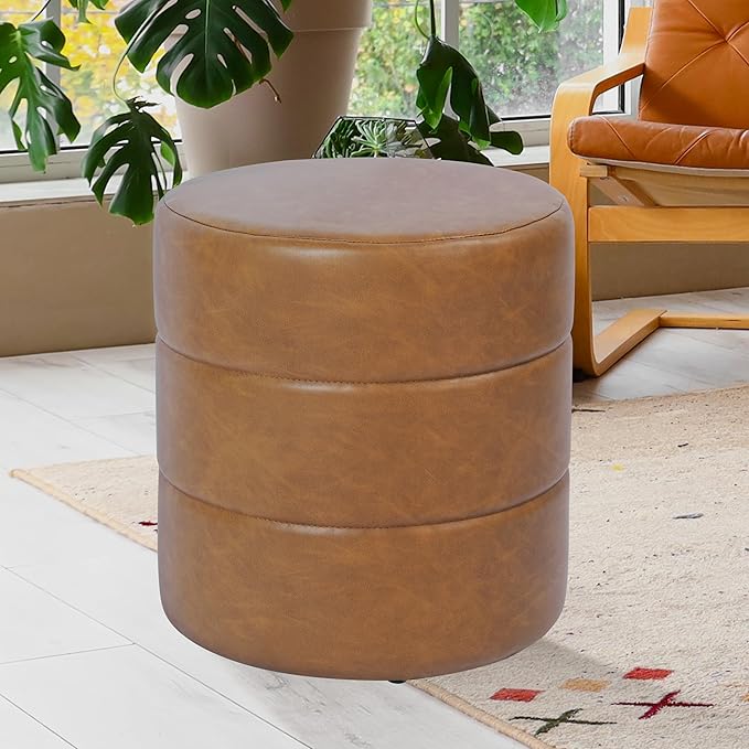 HomePop Upholstered Faux Leather Round Ottoman Home Décor|Foot Rest Ottoman- Carmel Brown-DeskLoop Office