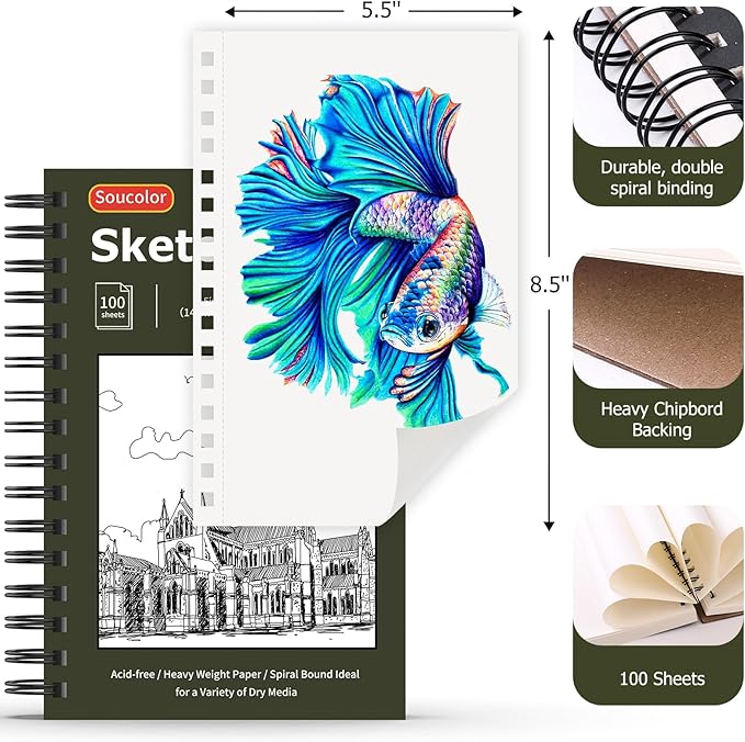 Soucolor 5.5" x 8.5" Sketchbook Pack of 2, 200 Sheets Blank Journal Notebook, A5, Spiral Bound Sketch Pad Drawing Book Acid-Free Paper (68lb/100gsm), Painting Sketching Drawing Notebook Art Supplies-DeskLoop Office