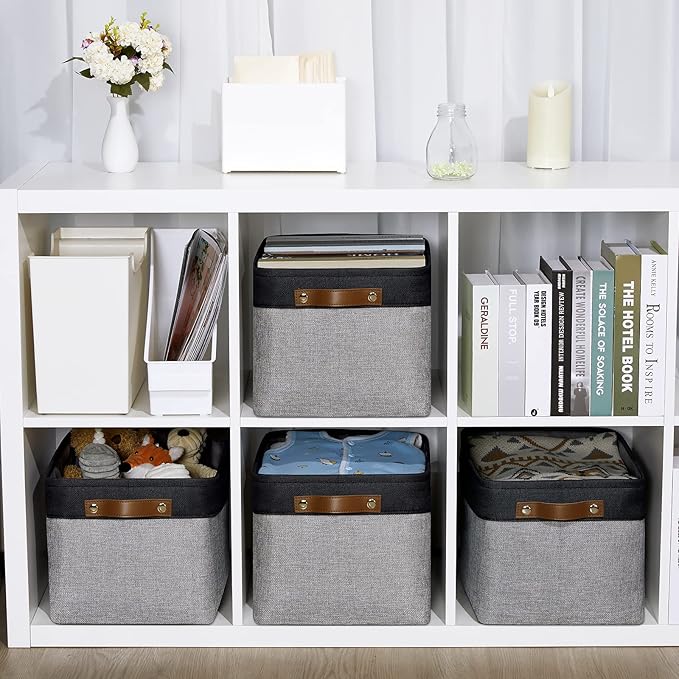DULLEMELO Canvas Storage Bin with Handles, Fabric Bins for Shelves, Bedroom, Office,Nursery,Fabric Storage Baskets for Toys, Clothes,Gift(Black&Grey,15"x11"x9.5",4-Pack)-DeskLoop Office