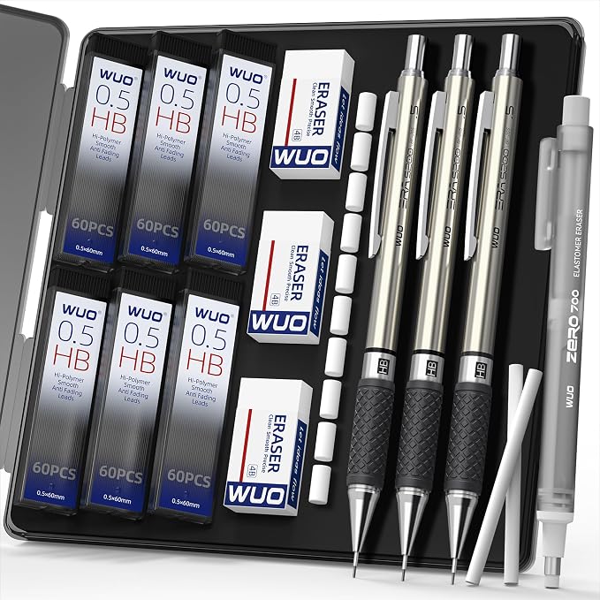 WUO 0.5mm Mechanical Pencil Set, 1 Eraser Pen, 12 Eraser Refills, Storage Case by WUO