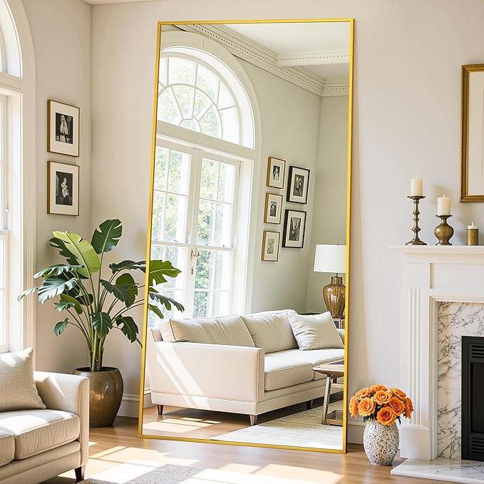 Full Length Mirror, 76"x34" Oversized Floor Mirror Freestanding, Full Body Mirror Floor Standing Mirrors with Stand, Hanging Mounted Mirrors for Bedroom Living Room, Gold, Rect Style-DeskLoop Office