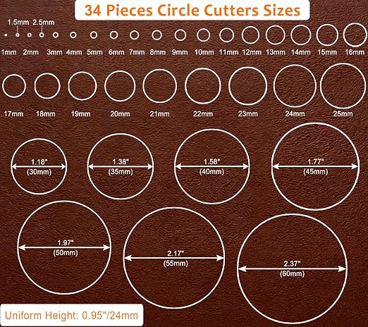 Leather Circle Cutter Tool Set, 34 Pieces Circle Punch Tools 1-25mm 30 35 40 45 - Image 3
