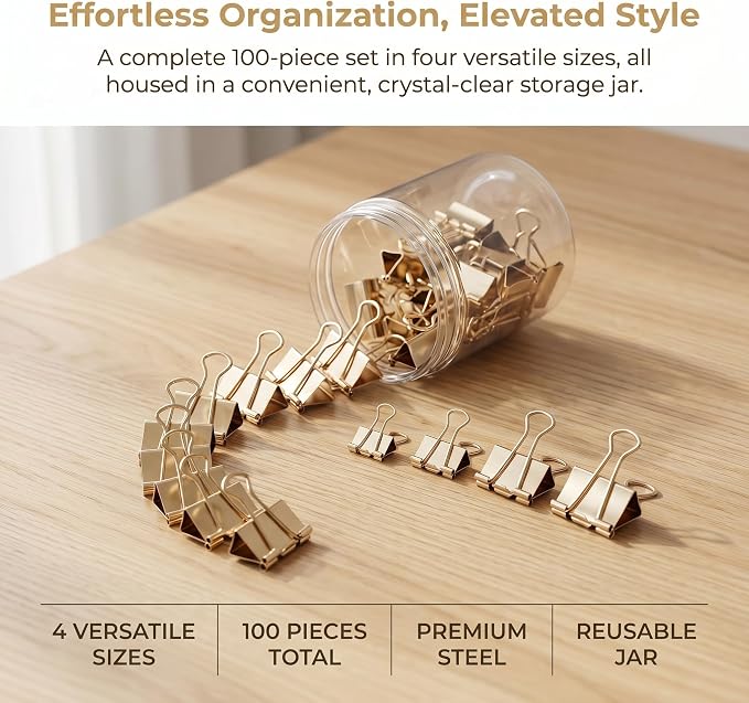Gold Binder Clips, 100 Pack | Solid Metal, Stainless Steel Handle, Office - Image 3