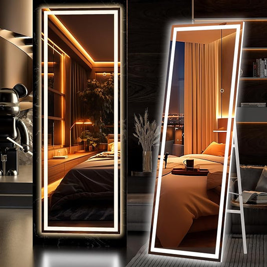 Hasipu Full Length Mirror with Lights, 65" x 21.7" LED Floor Mirror, Full Body Dressing Standing, Hanging Mounted Mirror for Living Room Bedroom Cloakroom, Square White-DeskLoop Office