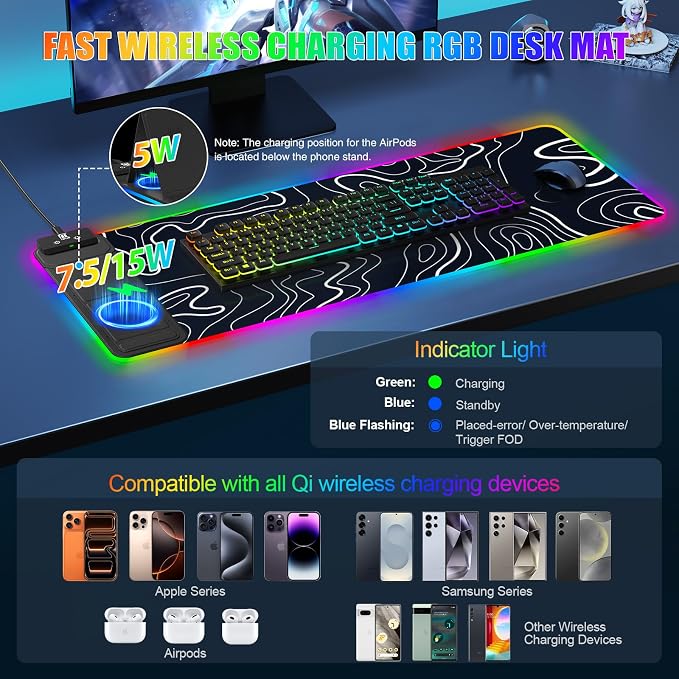 RGB Mouse Pad with Foldable Phone Stand Wireless Charger, 31.5"x11.8" XL Gaming - Image 2