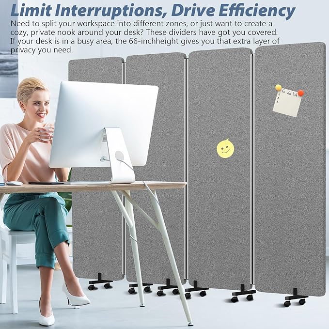 Acoustic Room Divider Privacy Panel with Wheels, 4 Panel Soundproof Room Divider (Aluminum Frame) for Room Partition, Folding Room Dividers Separation Office Cubicle Wall Sound Proof Partition Divider