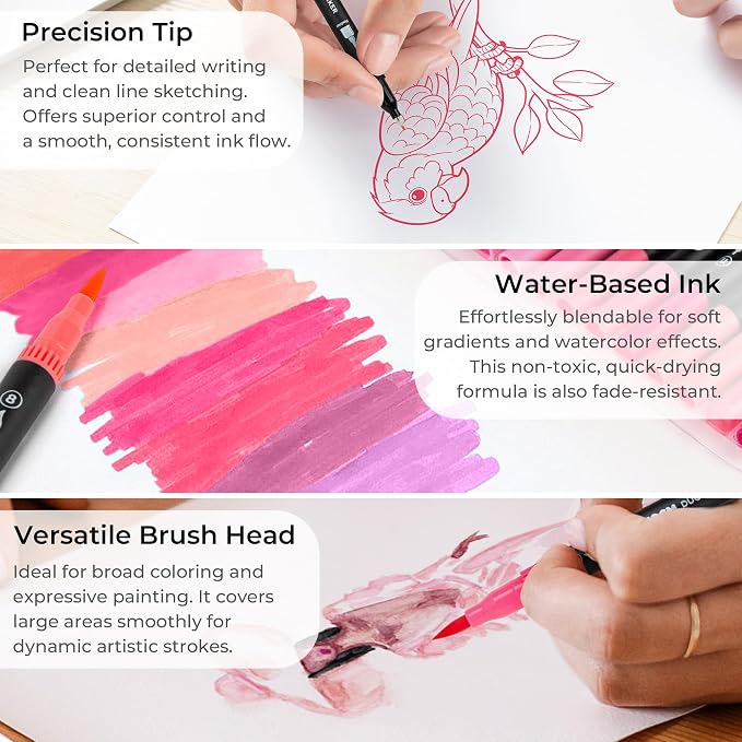 ZSCM Pink Duo Tip Marker Pens, 12 Pack Fine & Brush Markers - Image 3